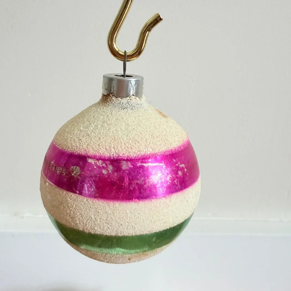 George Franke Pair Christmas Ornaments Pink Green Striped Mica USA MCM 1950's
